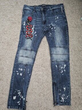 Damati Blue Jeans Snake Rose Embroidery Size W38 x L32